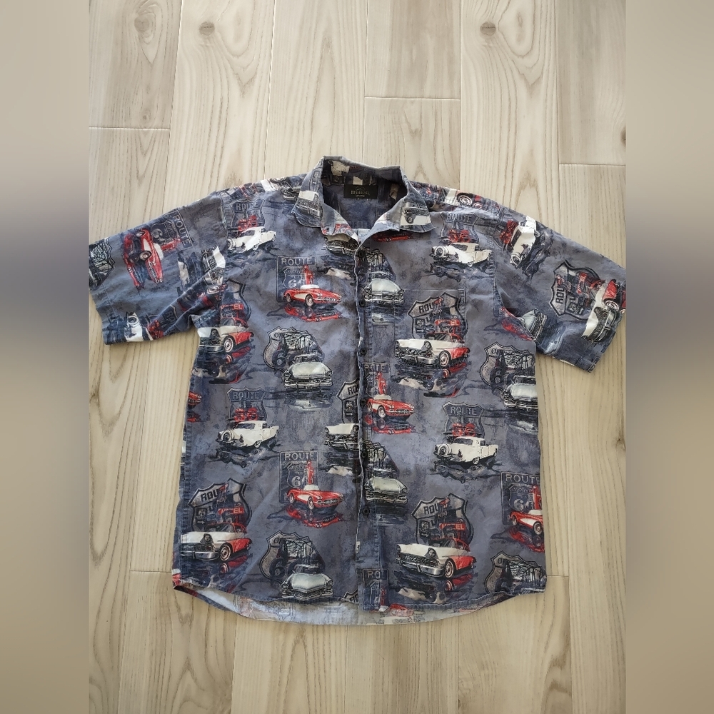 Red Head Classic Car Shirt Men's Large Short Sleeve Button Down Route 66 Cotton